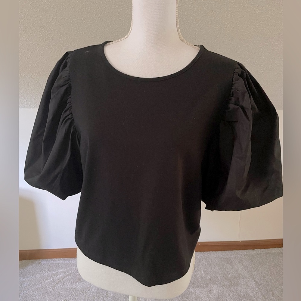 NWT A New Day Balloon Puff Sleeve T-Shirt Black Cotton Sz L